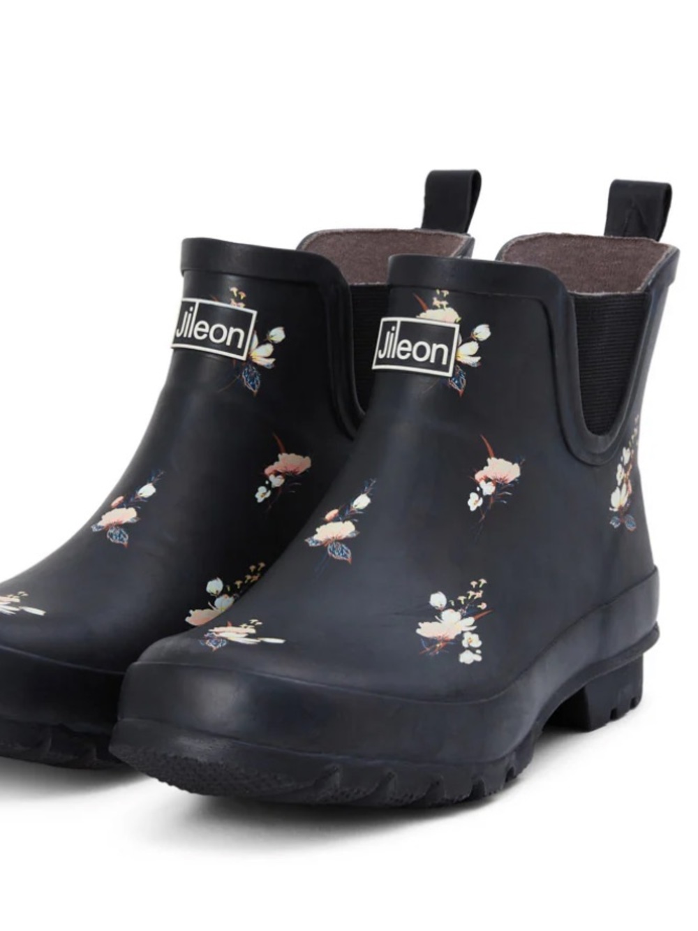 Jileon Black Ankle Rain Boots with Floral Print